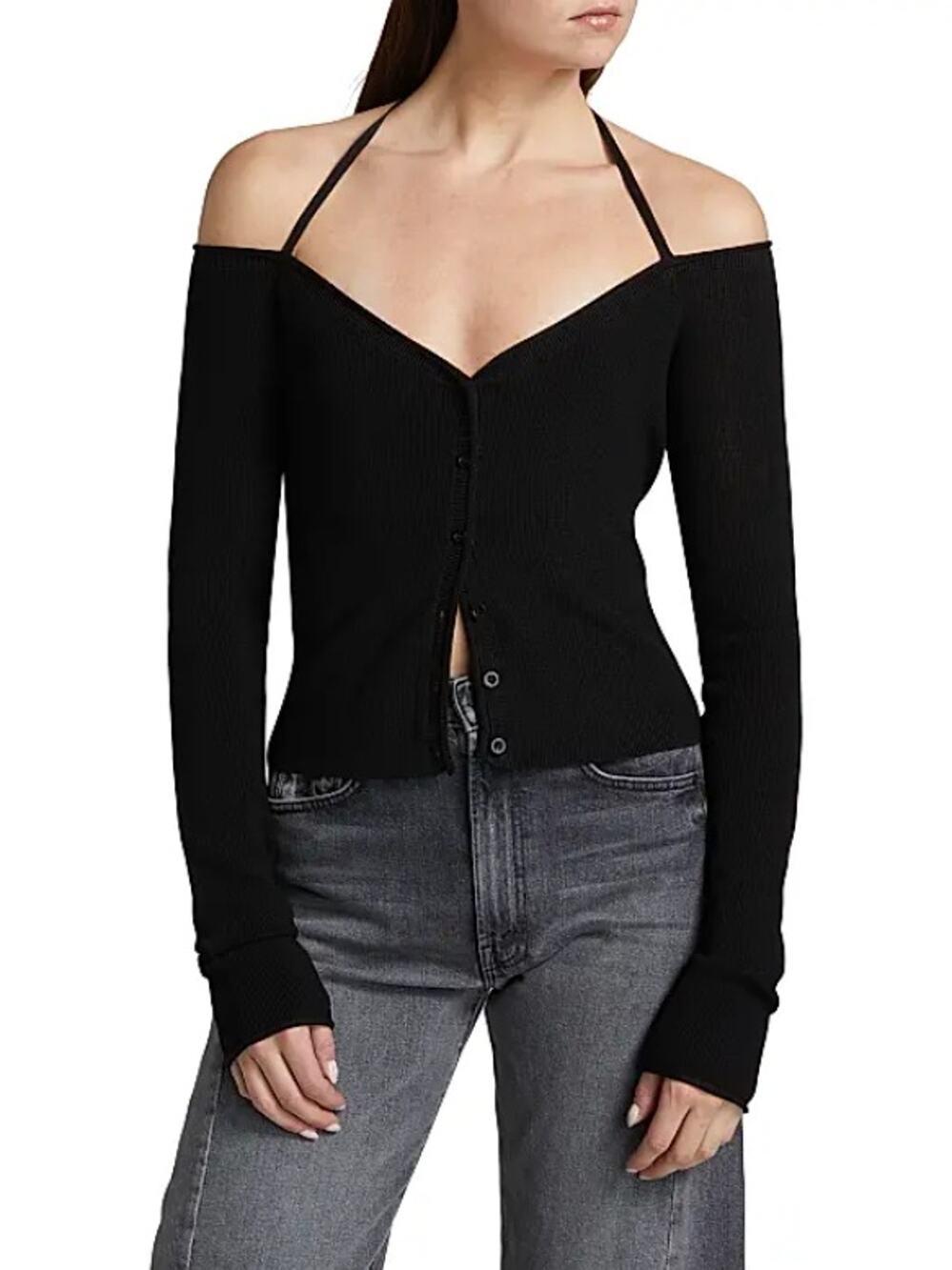 Good American Women Black Stretch Knit Off-the-Shoulder Slim Halter Top Size M